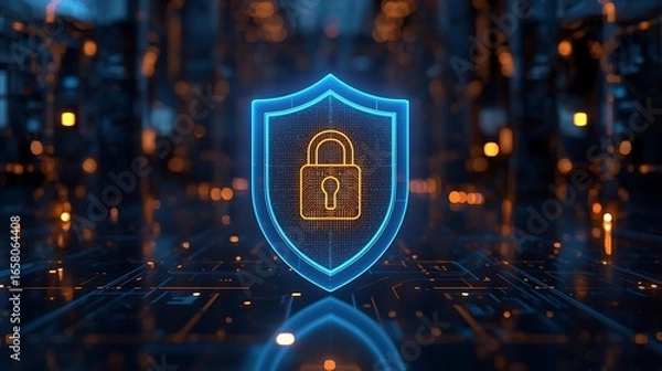 Fototapeta Futuristic Cybersecurity Shield Emblem in High-Tech Digital Environment