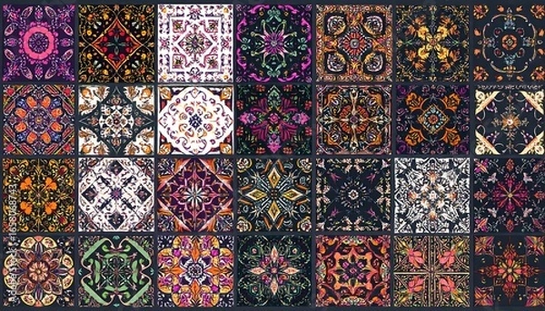 Obraz A vibrant collage of 30 square patterned tiles, showcasing diverse ornate designs in rich colors and intricate details