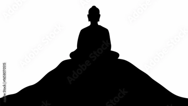Fototapeta Silhouette of a person meditating on a hill against a white background in a simple black and white image