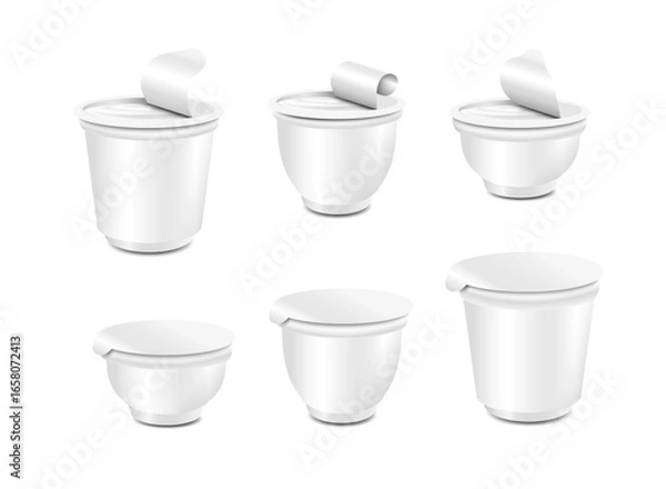 Fototapeta White plastic food packaging cups with lidwith lid for yogurt, sour cream, sauce,ice cream,vector set