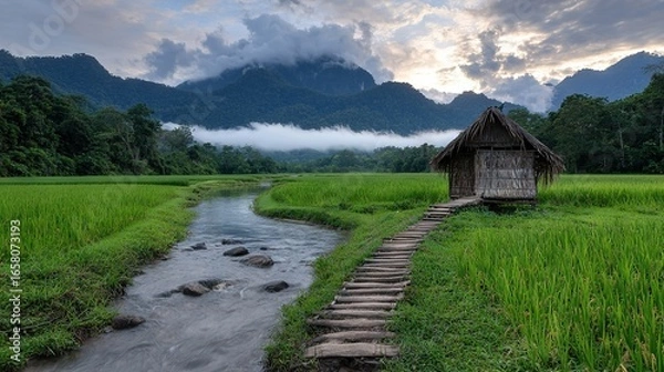 Fototapeta   A humble cottage amidst a vast green expanse, with a bubbling brook meandering nearby and majestic mountains looming in the backdrop