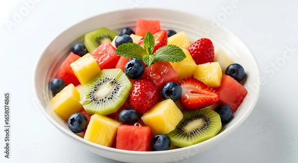 Obraz A vibrant fruit salad with a mix of strawberries, kiwi, blueberries, and pineapple, garnished with mint leaves and a sprig of mint, served in a white bowl