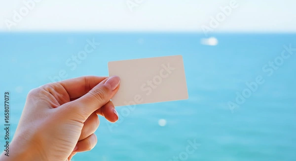 Fototapeta Blank hotel key card held against a clear ocean backdrop on a sunny day by the coast
