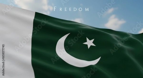 Obraz Pakistan flag waving in the wind against a blue sky, symbolizing freedom and independence.