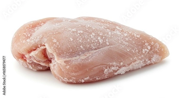 Fototapeta Chilled chicken breast covered in ice crystals, isolated against a white backdrop
