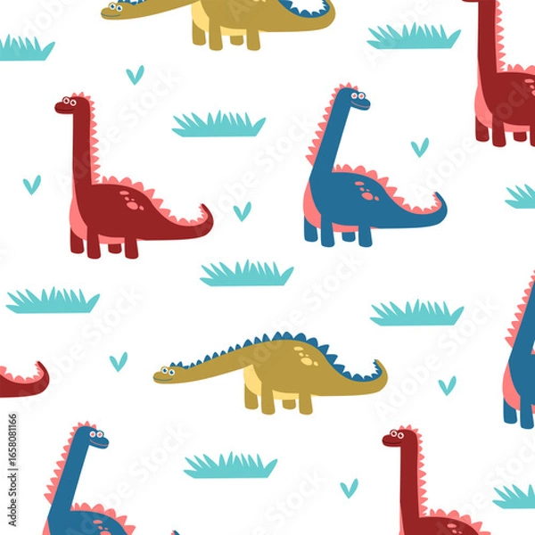 Obraz funny cute brontosaurus dinosaur seamless pattern vector cartoon design for kids apparel fullprint fabric