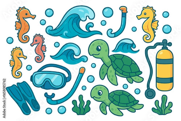 Fototapeta Set of cute marine life and diving equipment. Vector cartoon illustration with sea turtle, seahorse, waves, snorkel, mask. Underwater ocean animal and scuba gear collection.