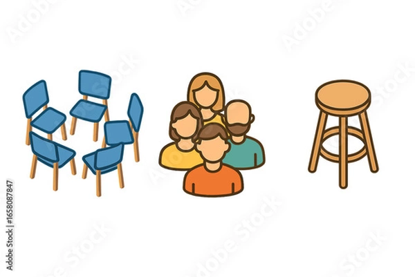 Fototapeta Therapy session isometric icon set. Group therapy, support group meeting concept. Psychology and mental health vector icons. Circle of chairs, people avatars, facilitator stool.