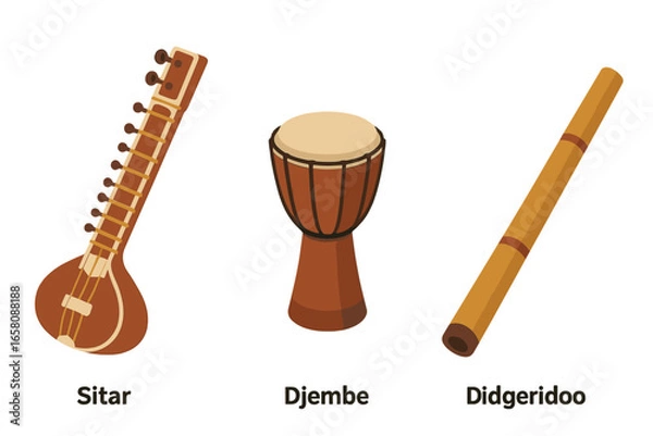 Fototapeta Traditional musical instruments vector illustration. Isometric icons set of sitar, African djembe drum, didgeridoo. Ethnic world music concepts. Cultural heritage, folk sound, percussion, string, wind
