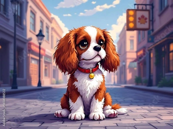 Obraz Ruby white spaniel sitting on cobblestone street cavalier king charles spaniel