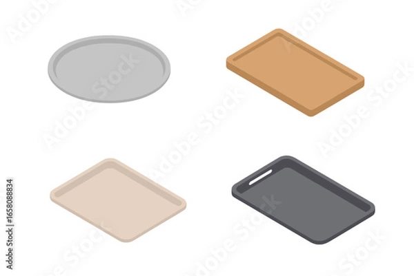 Fototapeta Isometric tray icon set collection. Silver round serving tray, wooden rectangular kitchen tray, beige plastic tray, black food service tray. Various tray materials and shapes vector illustration