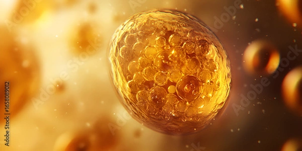 Fototapeta Close-Up of Golden Cell Under Microscope – Biotech and Innovation, Microscopic View of Cell Structure in Biomedical Research, Futuristic Golden Cell Model in Scientific Visualization
