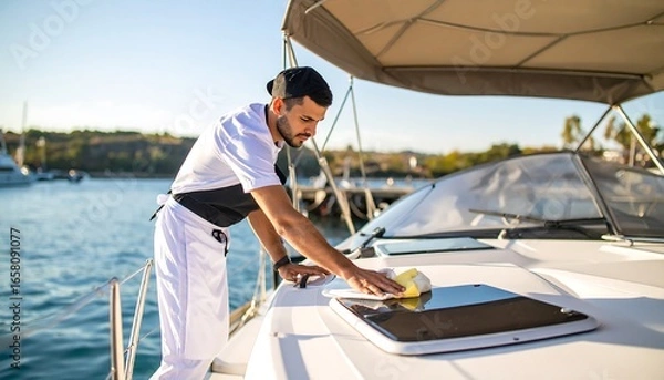 Obraz Man cleaning yacht deck