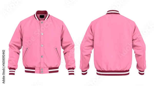 Fototapeta Pink baseball bomber varsity jacket in front and back view, mockup isolated on transparent background