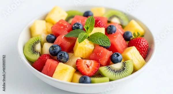 Obraz A colorful fruit salad with watermelon, pineapple, blueberries, strawberries, kiwi, and mint leaves in a white bowl on a white table