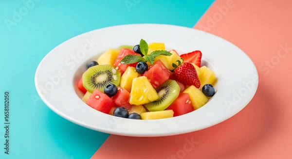 Obraz A vibrant fruit salad with a mix of watermelon, kiwi, pineapple, and blueberries, garnished with a sprig of mint, served in a white bowl on a colorful tablecloth