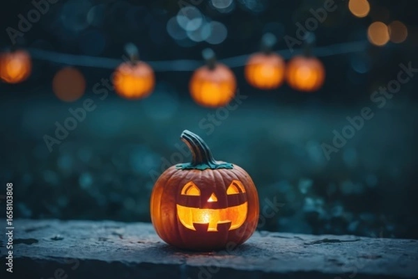 Fototapeta halloween jack-o’-lantern pumpkin with warm candlelight and bokeh lights