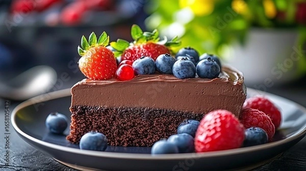 Fototapeta A slice of rich chocolate cake adorned with fresh berries.