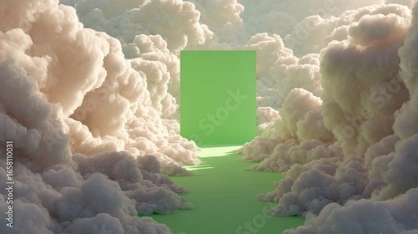 Obraz A digitally rendered scene depicts a pathway through fluffy, light beige clouds, with a bright green backdrop.