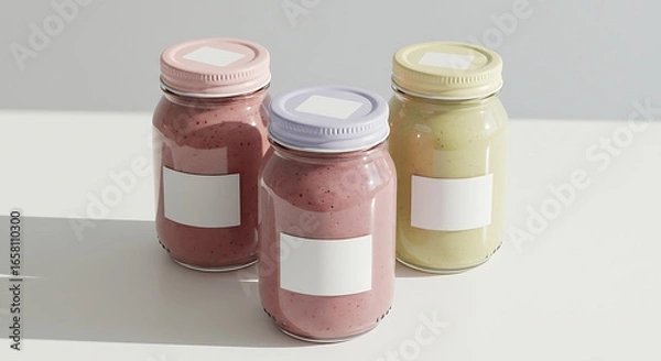 Fototapeta This professional product mockup features three clean jars of smoothies with pastel lids and blank labels, expertly placed on a light background. 