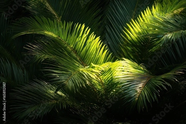 Fototapeta Close Up View Of Lush Tropical Foliage Under Sunlight