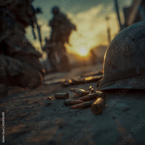 Fototapeta A close-up of weapons and bullets on the ground, with an old war helmet next to them. The background is a sunset scene in a military base. In a cinematic style.