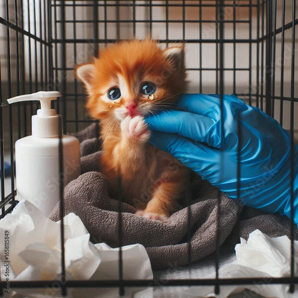 Fototapeta A tiny orange kitten sneezing in a quarantine cage, looking fragile with watery eyes. Disposable gloves and antiseptic wipes are nearby