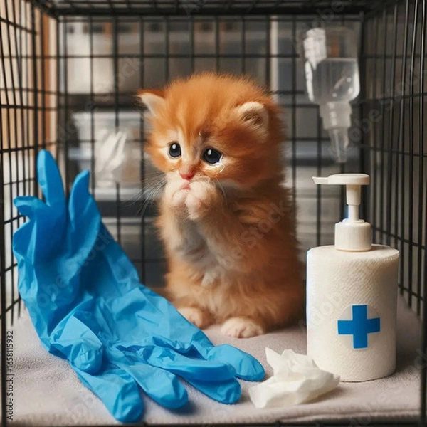 Fototapeta A tiny orange kitten sneezing in a quarantine cage, looking fragile with watery eyes. Disposable gloves and antiseptic wipes are nearby