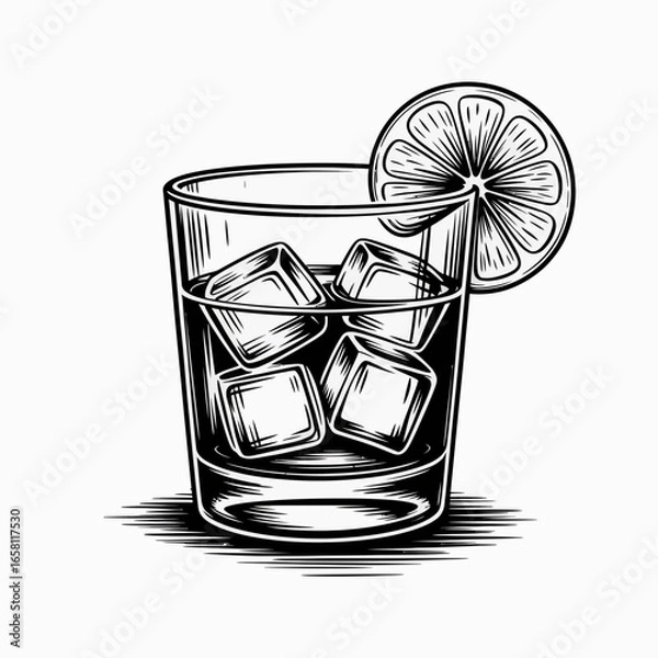 Fototapeta drink, beverage, lemon, ice, cubes, glass, cold, refreshment, cocktail, liquor, whiskey, soda, lime, citrus, chill, bar, alcohol, mixer, garnish, summer, vintage, classic, sketch, drawing, illustratio