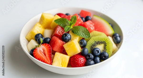 Obraz A colorful fruit salad with watermelon, pineapple, blueberries, strawberries, kiwi, and mint leaves in a white bowl on a white table