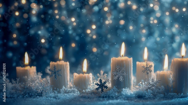 Fototapeta A collection of white candles with snowflakes on them, set against an icy blue background with twinkling lights and falling snow.