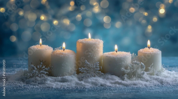 Fototapeta A collection of white candles with snowflakes on them, set against an icy blue background with twinkling lights and falling snow.