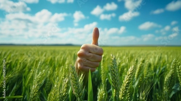 Fototapeta A hand giving a thumbs up rises proudly amidst a vibrant green field beneath a clear blue sky filled with clouds