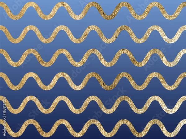 Fototapeta Elegant wavy pattern with gold glitter texture on blue gradient background. Perfect for luxury design, wallpapers, prints, and digital art projects. Vector