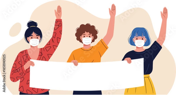 Fototapeta People in Medical Masks Protesting with Blank Banner-group of people with banner