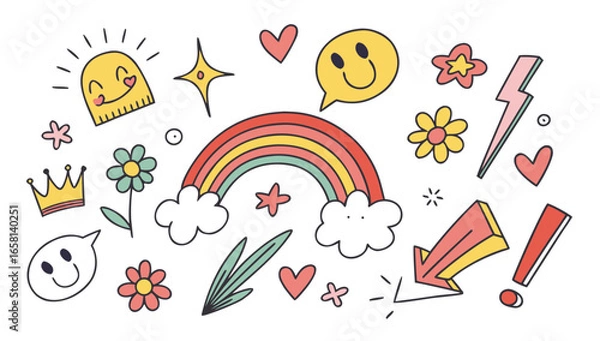 Fototapeta A cheerful collection of hand drawn elements including a rainbow smiling faces flowers hearts a crown and lightning bolts