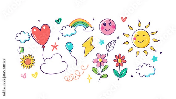 Fototapeta A collection of colorful hand drawn doodle elements including a heart balloon rainbow sun flowers clouds lightning bolt and smiley face