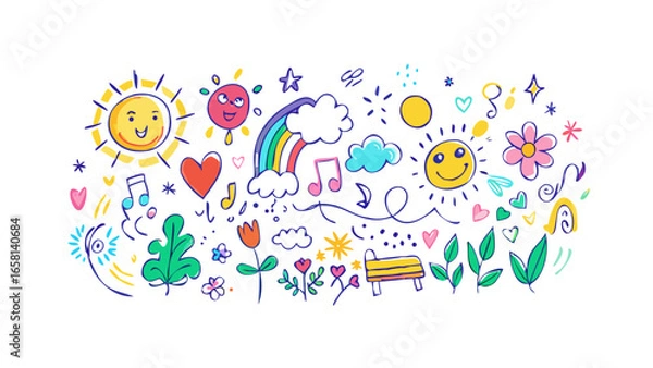 Fototapeta A vibrant collection of hand drawn doodles featuring happy suns rainbows clouds flowers hearts and musical notes on a black background