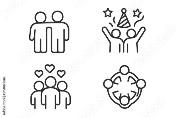 Obraz Friendship and celebration outline icons set. Social community symbols for love, party, and teamwork. Vector line art of people together, partnership, and collaboration.