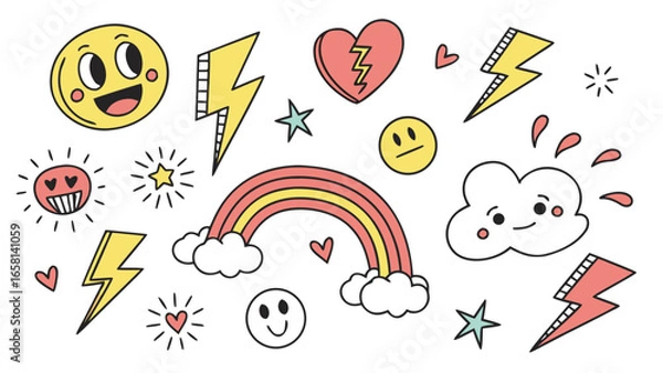 Fototapeta Collection of cheerful and quirky hand drawn doodle icons including smiling faces rainbows lightning bolts hearts and clouds