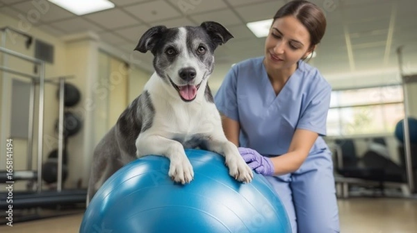 Fototapeta Dog Enjoys Veterinary Physical Therapy on Exercise Ball with Caring Vet in Clinic Setting
