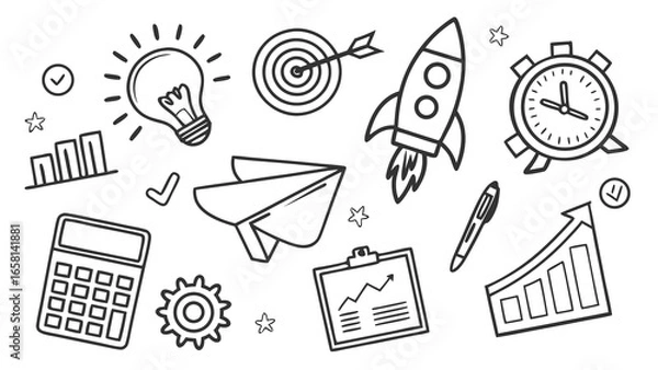 Fototapeta Collection of hand drawn doodle icons representing business growth ideas planning and success in a simple black and white sketch style