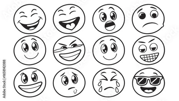 Fototapeta Collection of twelve diverse cartoon emoji faces expressing various emotions and moods in a simple black and white line drawing style