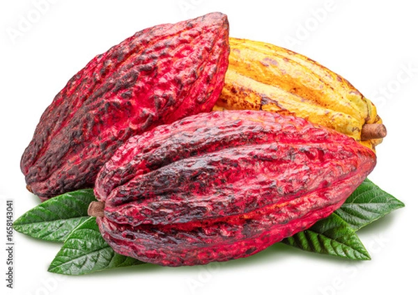 Fototapeta Cocoa fruits or cocoa pods over green leaves isolated on white background. Cut out PNG file.