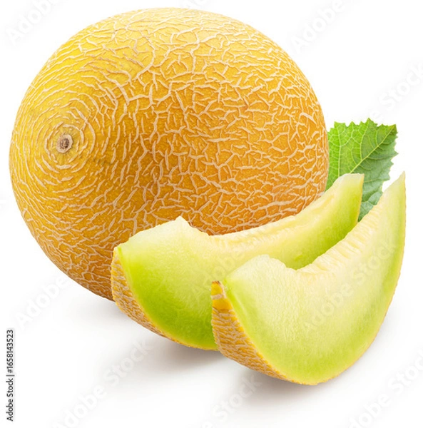 Fototapeta Galia melon and melon slices and green leaf isolated on white background. Cut out PNG file.