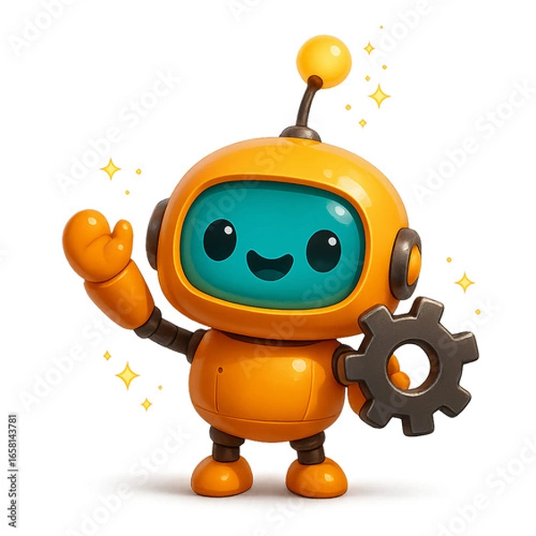 Fototapeta 3D cartoon robot mascot for AI chatbot and technology support. Cute friendly assistant character holding a gear.