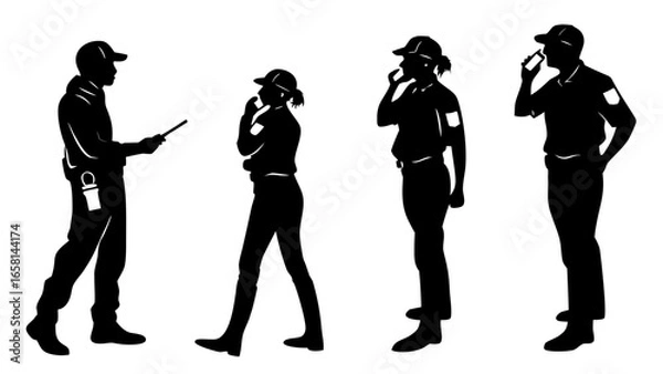 Fototapeta Silhouettes of security guards in uniform one holding a device others talking on phones or thinking