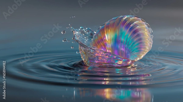 Fototapeta A colorful water splash in the shape of an open shell, swirling and glowing with light, against a background of calm blue ripples on a soft gray surface.