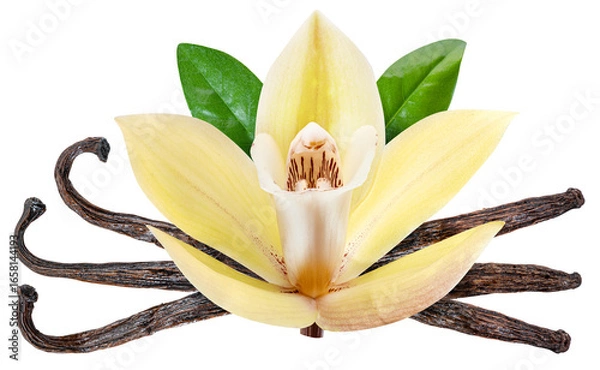 Fototapeta Yellow moth orchid flower and vanilla sticks on white background. File contains clipping path.