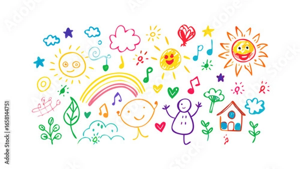 Fototapeta Vibrant and cheerful crayon drawing of a happy sun rainbow music notes and playful characters on a black background